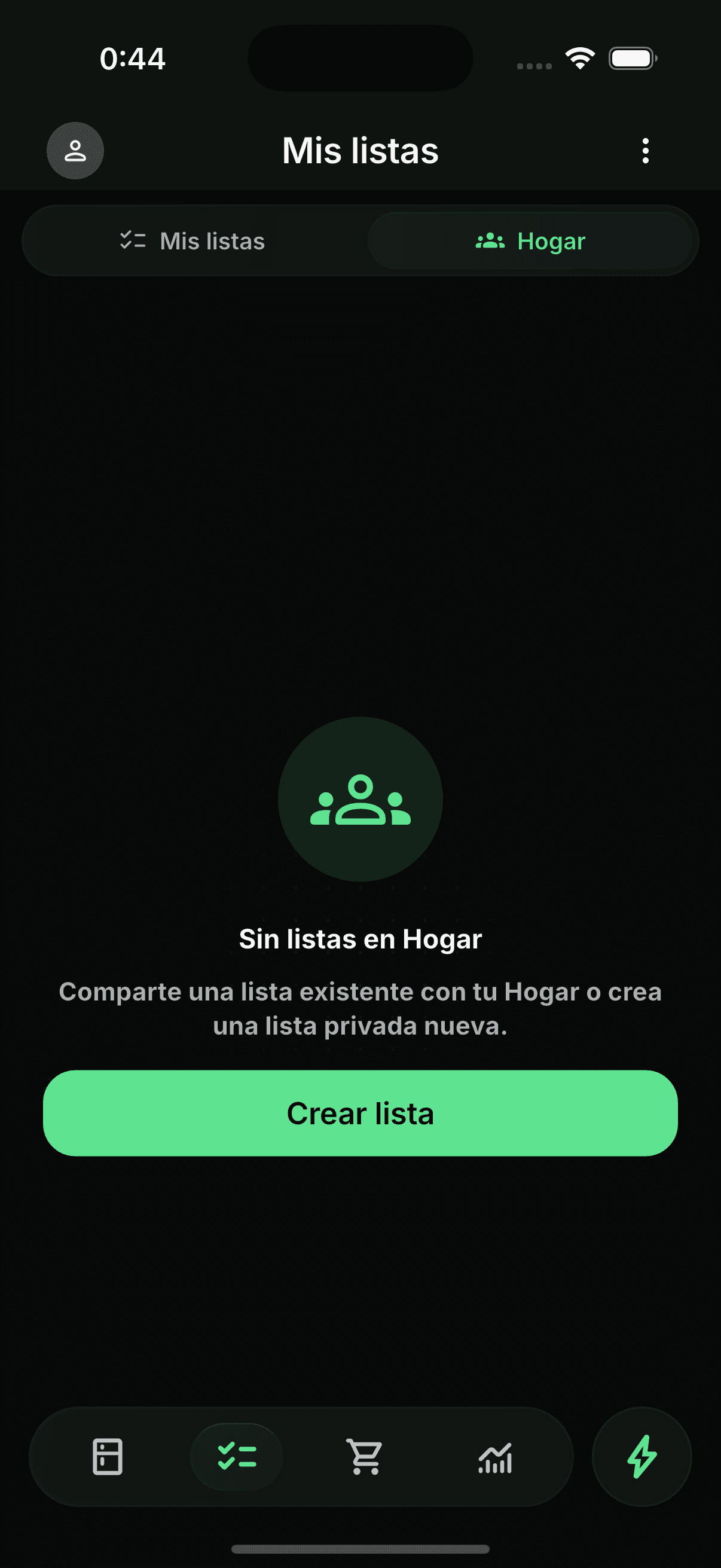 Pestaña Hogar para compartir listas de la compra en NookFlow