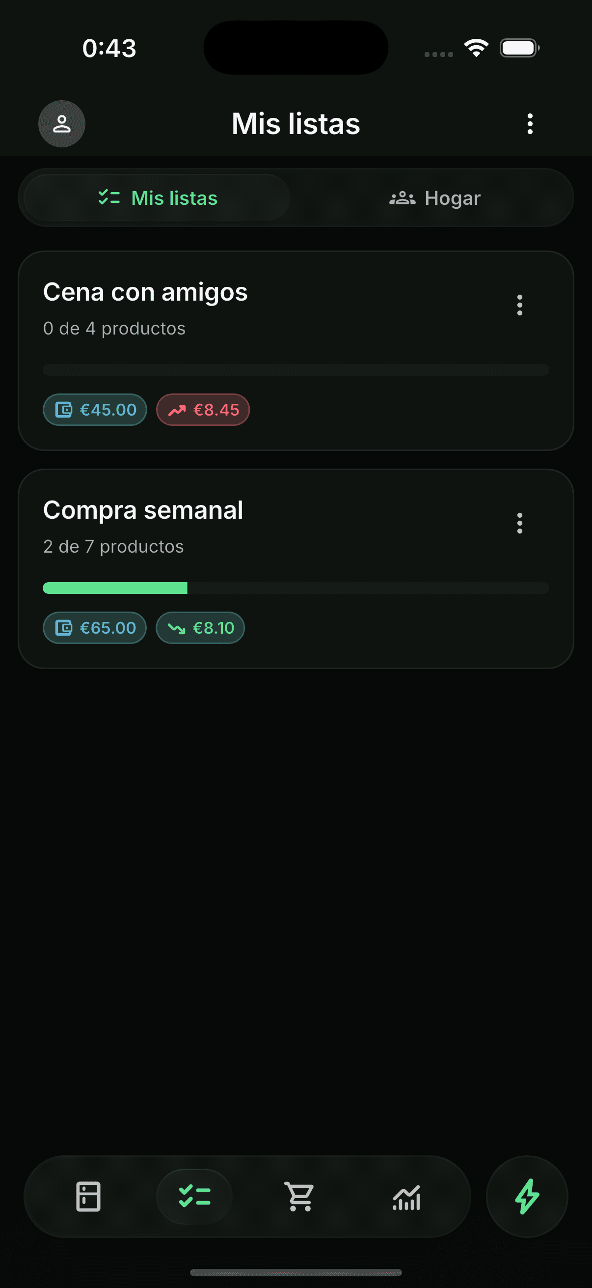 Vista general de listas de la compra en NookFlow