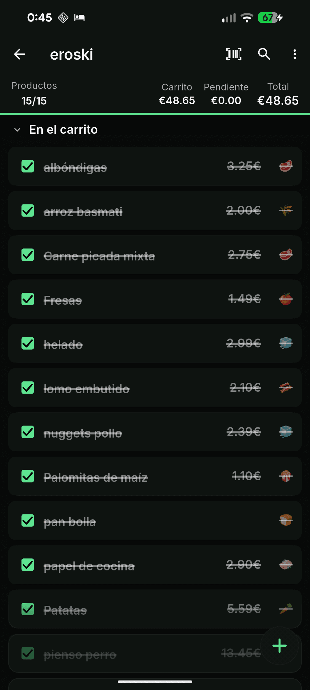 Lista de la compra abierta con productos marcados en NookFlow